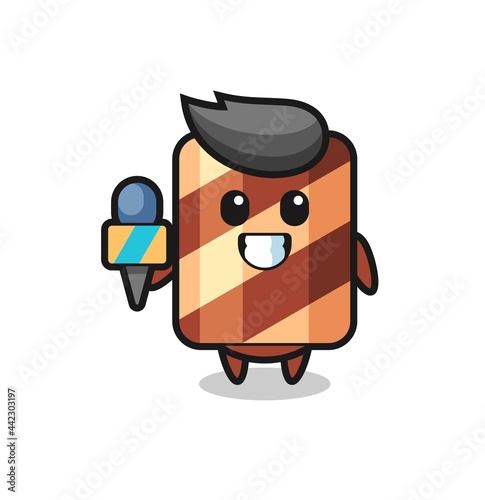 Character mascot of wafer roll as a news reporter