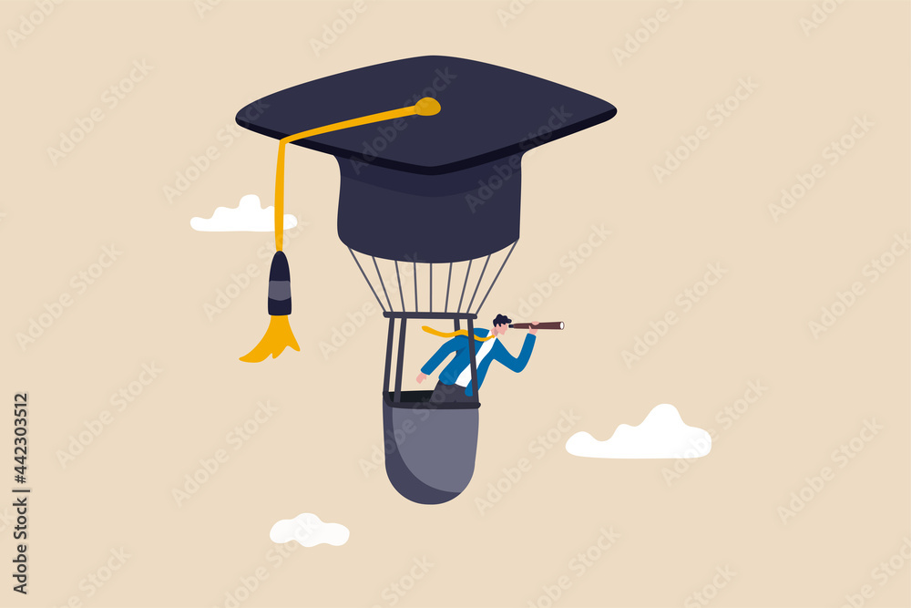 Education or knowledge to growth career path, working skill to success in work, learn or study new course for business success concept, businessman fly graduation mortar hat balloon see future vision. - obrazy, fototapety, plakaty 