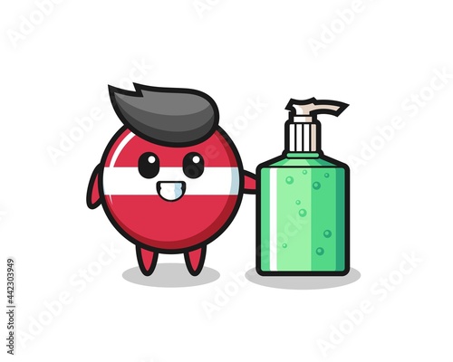 cute latvia flag badge cartoon with hand sanitizer