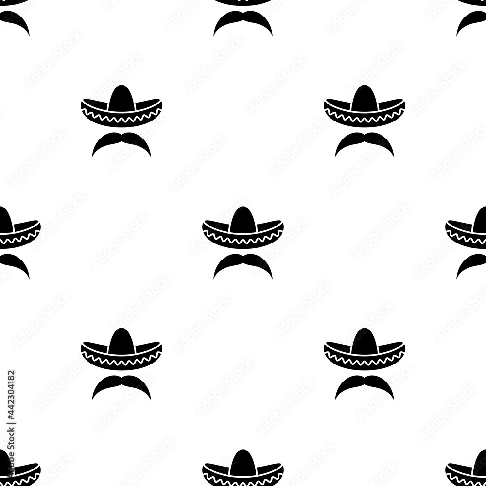 Seamless pattern with sombrero and mustache. Mexican hats ornament on white background. Seamless pattern with sombrero and mustache. Mexican hats ornament on white background.