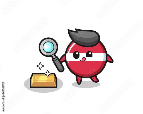 latvia flag badge character is checking the authenticity of the gold bullion