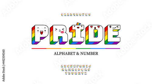 Alphabet letters and numbers with Rainbow colors and cute kawaii emoticons. Rainbow flag colors LGBT font.