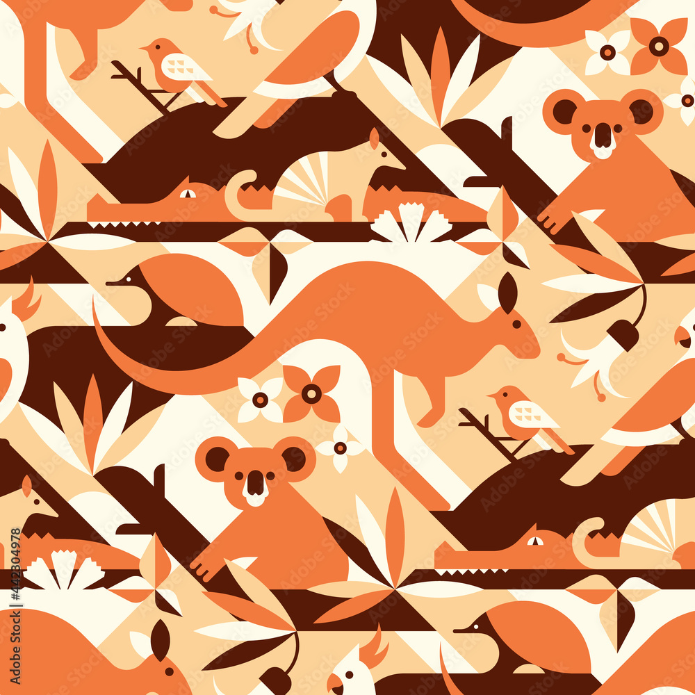 Australian animals seamless pattern with, kangaroo, koala, cockatoo parrot, crocodile, numbat, echidna. Perfect for fabric, textile, wallpaper. Geometric pattern. Australian animals seamless pattern with, kangaroo, koala, cockatoo parrot, crocodile, numbat, echidna. Perfect for fabric, textile, wallpaper. Geometric pattern.