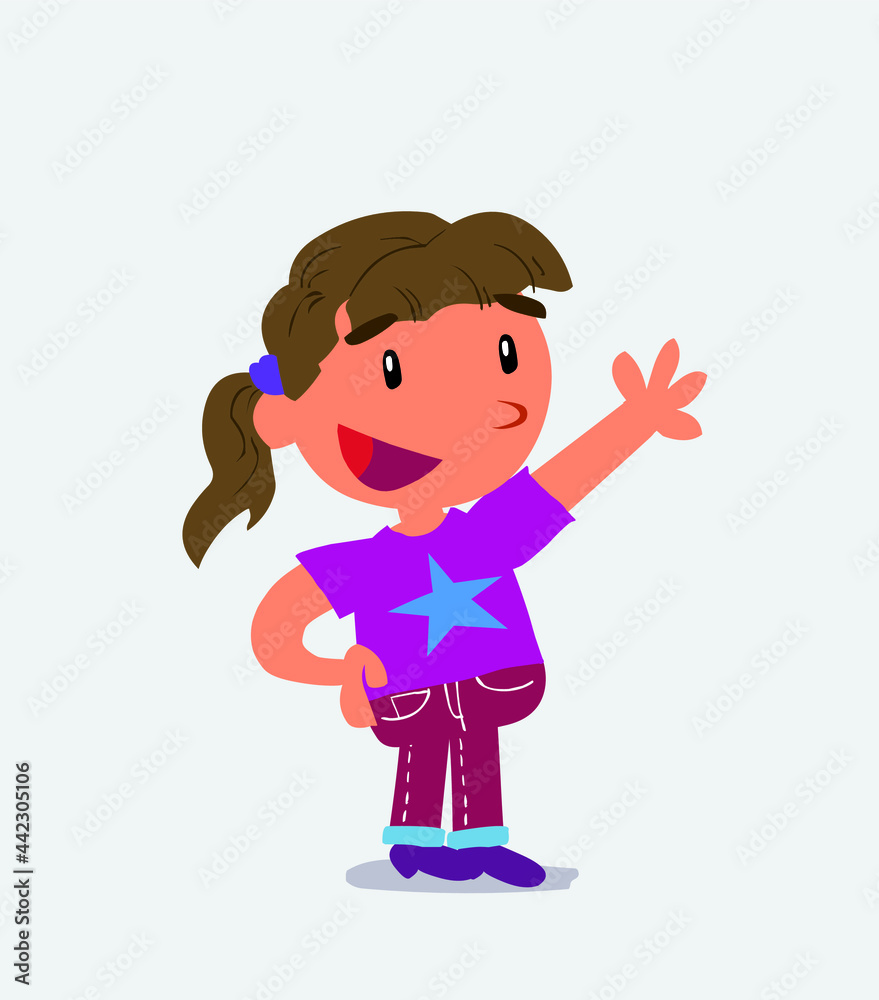 cartoon character of little girl on jeans explaining something while pointing.