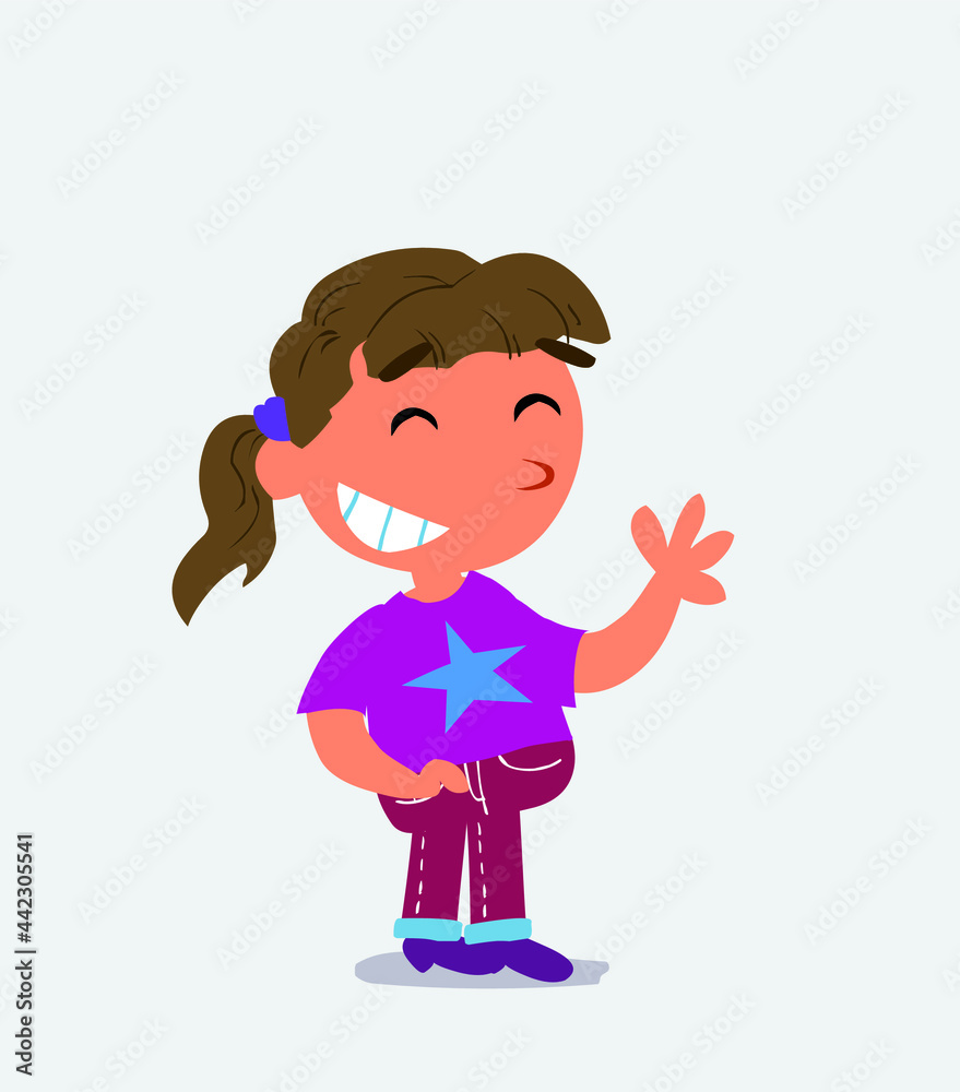 cartoon character of little girl on jeans waving informally while laughingcartoon character of little girl on jeans waving informally while laughing