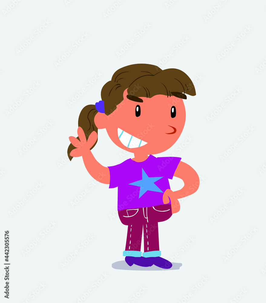 cartoon character of little girl on jeans waving while smiling.cartoon character of little girl on jeans waving while smiling.