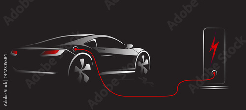 Electric car with charging stations by sketch line rear view. Sportcar isolated on black background. Vector illustration