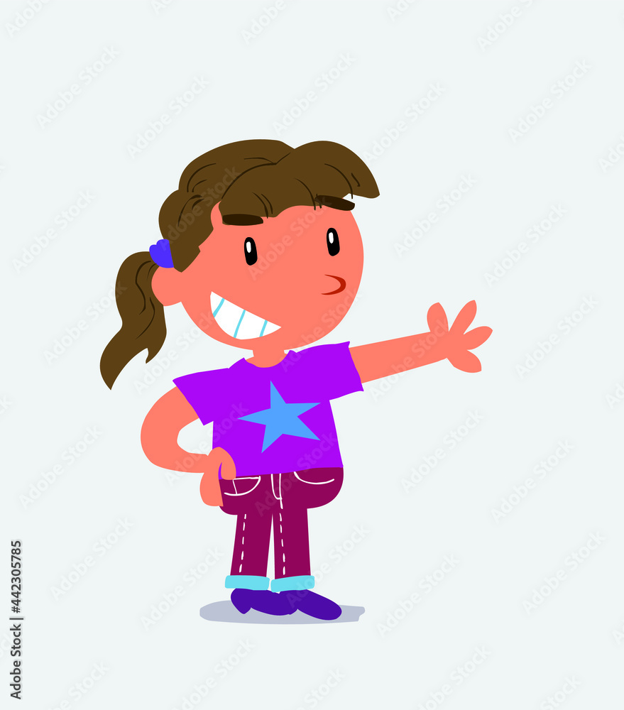  Pleased cartoon character of little girl on jeans points to something Pleased cartoon character of little girl on jeans points to something