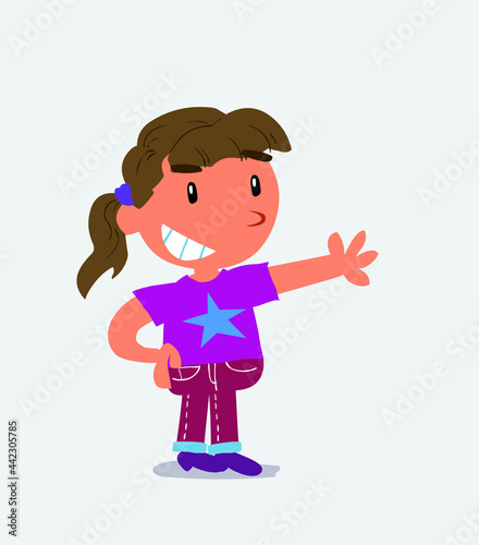  Pleased cartoon character of little girl on jeans points to something Pleased cartoon character of little girl on jeans points to something