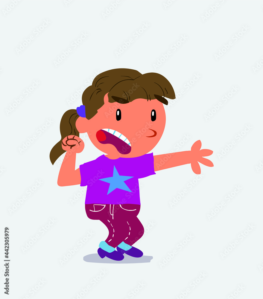 Very angry cartoon character of little girl on jeans pointing at somethingVery angry cartoon character of little girl on jeans pointing at something