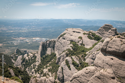 Panorama of the view from the Sant Jeroni summit of Montserrat, Mountain, Catalonia, Spain. View from above. Aerial view.