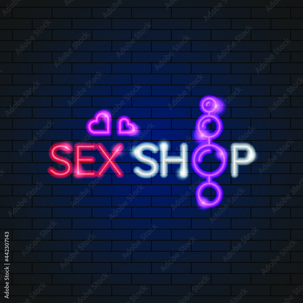 Obraz premium Abstract Sex Shop Adult Toys Neon Light Electric Lamp Background Vector Design Style Signage Advertising Design Template Logo Logotype Symbol Sign