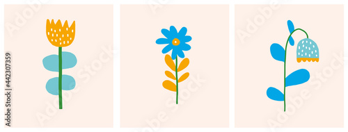 Cute Infantile Style Nursery Vector Illustration with Hand Drawn Colorful Flowers on a Pastel Pink Background. Pink Abstract Garden Print ideal for Card, Invitation, Greeting, Wall Art, Poster.