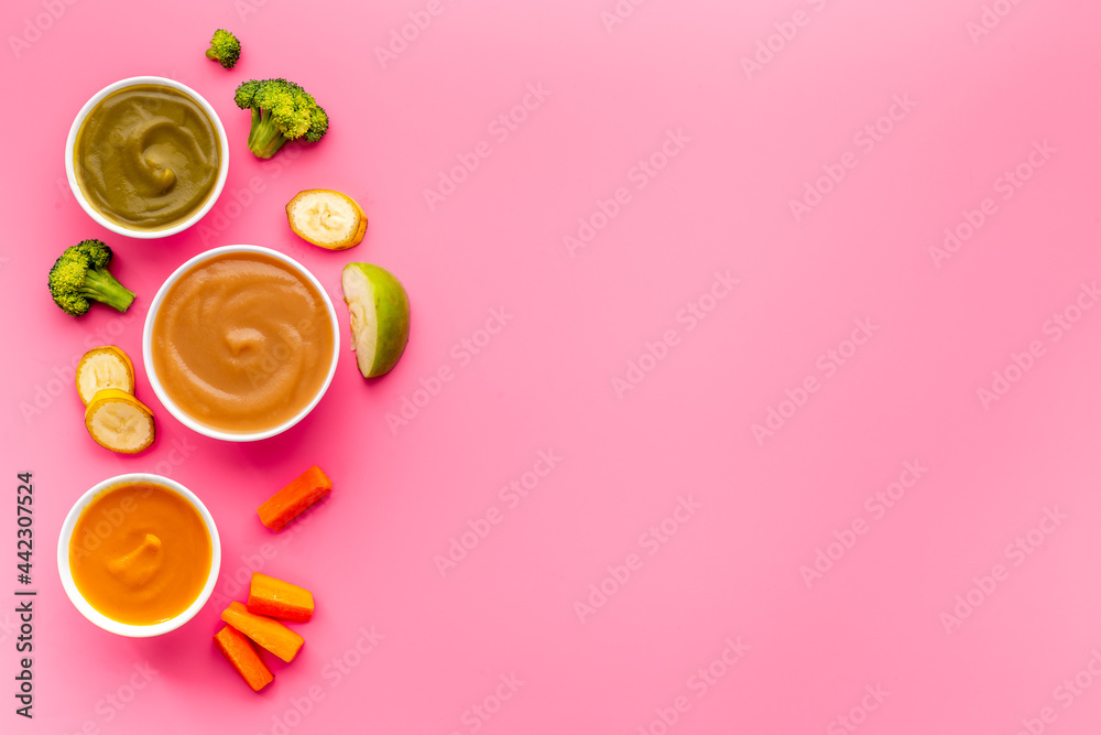 Baby fruit vegetables food - mousse in bowls with fresh vegetables and fruits Baby fruit vegetables food - mousse in bowls with fresh vegetables and fruits