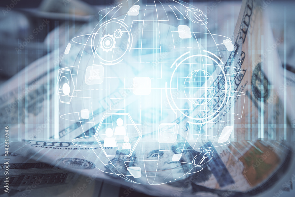 Multi exposure of social network drawing over us dollars bill background. Concept of people connection. Multi exposure of social network drawing over us dollars bill background. Concept of people connection.