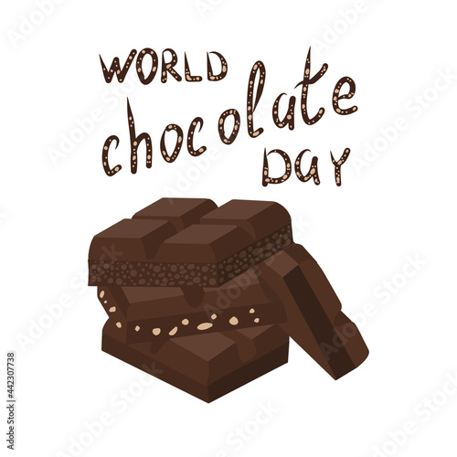 World Chocolate Day. Four chocolate bars: milk, bitter, airy, with nuts. Slices on top of each other. Design for banner, poster or postcard. Vector image on a white background.
