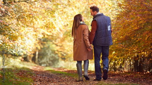 Rear View Of Loving Mature Couple Holding Hands Walking Along Track In Autumn Countryside © Monkey Business