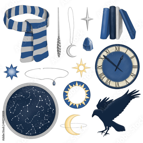 Magic set of illustrations in blue and gold colors with stars, crescent, scarf, wand, tiara, crystal, books, star map, clock, raven. photo