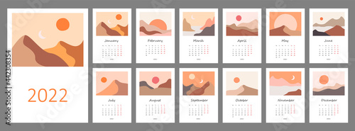 Calendar template for 2022. Vertical design with abstract natural boho landscapes. Editable illustration page template A4, A3, set of 12 months with cover. Vector mesh. Week starts on Monday.