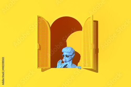 Minimal scene of human sculpture in window on yellow wall background, Minimal concept, 3d rendering.