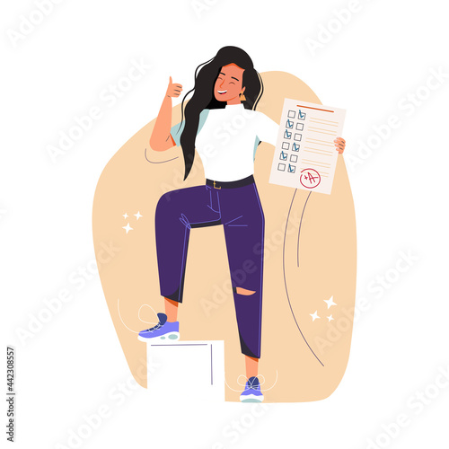 Education, studying, childhood, new level concept. Young happy cheerful smiling girl pupil character standing with test exam results showing thumbs up. Successful goal achievement and back to school