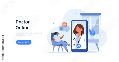 Character using smartphone with video call on screen. Patient talking online with doctor. Modern health care services and online medicine concept. Flat cartoon vector illustration.