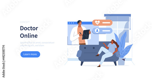 Character sitting at home and consulting online with doctor. Modern health care services and online medicine concept. Flat cartoon vector illustration.
