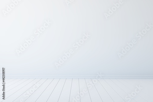 Empty white room with wooden floor. 3d rendering