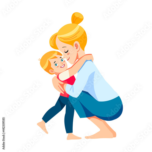 European mother and child. The blonde mother embraces the blue-eyed boy with great love and tenderness. Mother's Day is a concept of a holiday. Cartoon flat isolated vector design