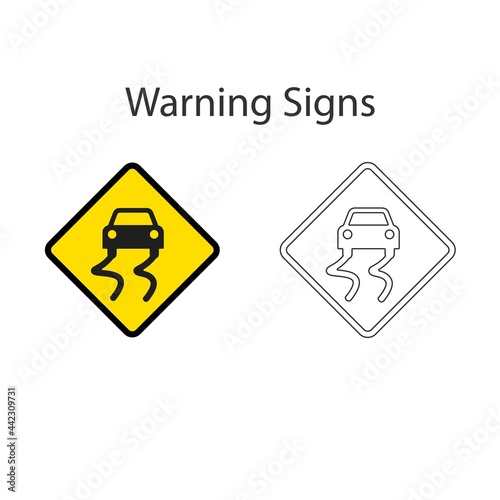 Warning traffic sign vector of slippery road 2 style, Vector illustration and hand drawing on white background.