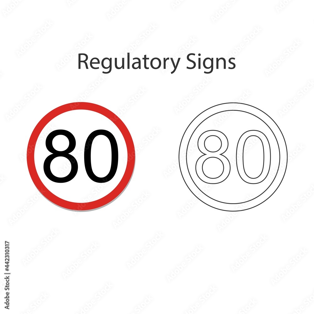 Round speed limit road sign (80km per hour). Vector illustration and hand drawing on white background. Round speed limit road sign (80km per hour). Vector illustration and hand drawing on white background.