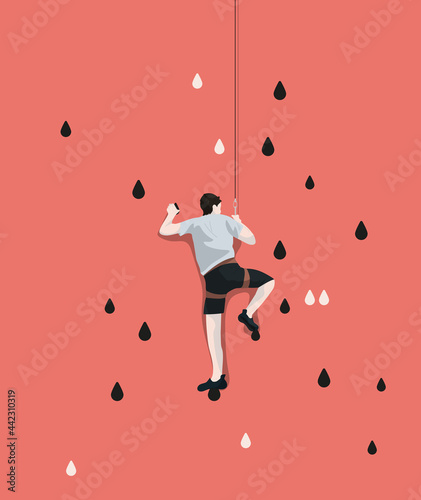 Watermelon Day. Slices of watermelon. Summer holiday. Flat vector illustration. Summer vacation poster or flyer design template. Rock climber climbing the bones of a watermelon. Rock climber boy.