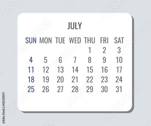 July year 2021 monthly minimalist calendar
