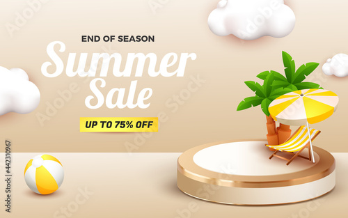 summer sale banner with podium and 3d element beach illustration