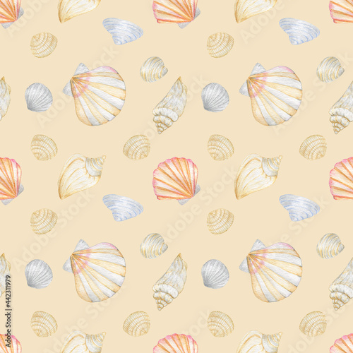 Hand drawn watercolor seamless pattern with seashells isolated on beige background.Good for wrapping,fabrics,textile.