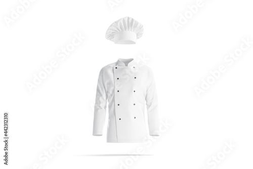 Blank white chef hat and jacket mockup, front view photo