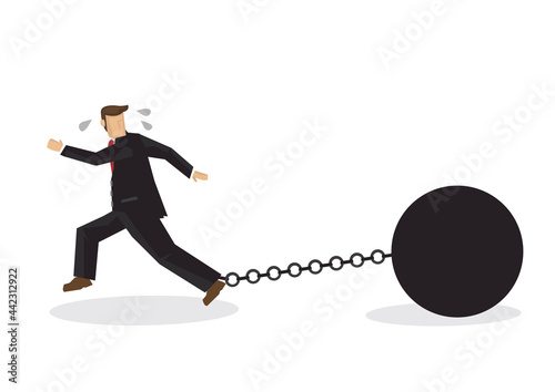 Chained businessman running away.