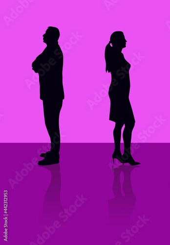 Two people - a man and a woman standing back to back in black silhouettes on purple color gradients with copy space. Concept illustration showing hostility, frustration and anger in a relationship.