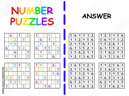 Number puzzles childish set colorful vector illustration. Educational number games sudoku six by six with answer printable activity page