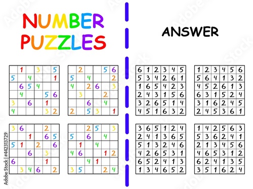 Number puzzles for kids six by six set vector illustration. Colorful number educational logical game worksheet with answer. Simple sudoku game set for beginners horizontal printable worksheet