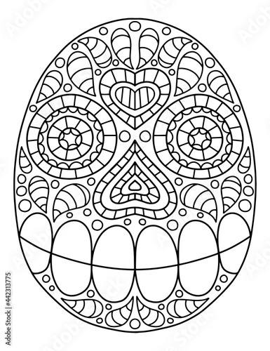 Fototapeta Naklejka Na Ścianę i Meble -  Hand-drawn ornamental skull linear vector illustration. Dia de Muertos coloring page for adults. Decorative Day of the Dead skull black outline isolated on white. One of a series