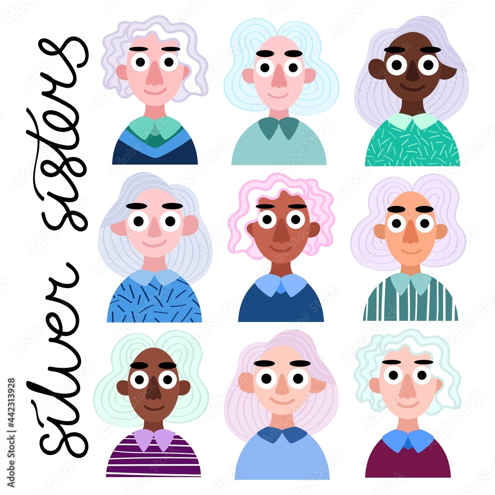 Silver sisters - nine happy cartoon girls with silver hair vector illustration. Women of different ethnicity and ages with natural silver hair. Body Positive confident ladies white isolated set Silver sisters - nine happy cartoon girls with silver hair vector illustration. Women of different ethnicity and ages with natural silver hair. Body Positive confident ladies white isolated set