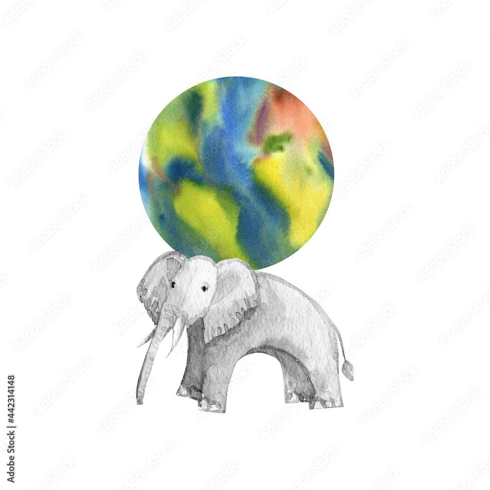 A white elephant holds a planet on its back. Manual drawing with a brush with watercolor paints. World Elephant Protection Day.