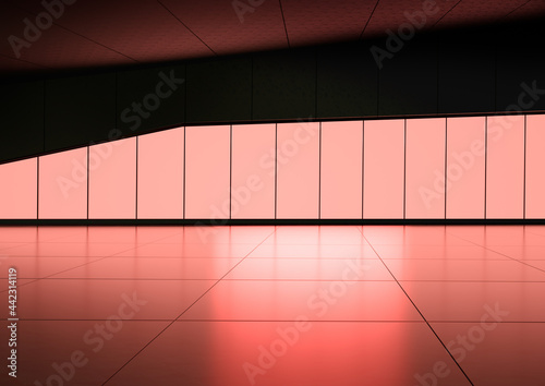 The empty red scene with glass frame With Reflection on floor