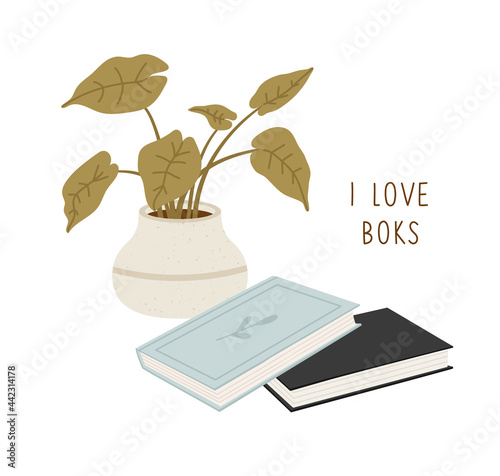 Vector illustration of two books,  home plant, and lettering "I love books", isolated on white. Objects for learning, reading, school tools. Suitable for book shops, and publishing houses. 