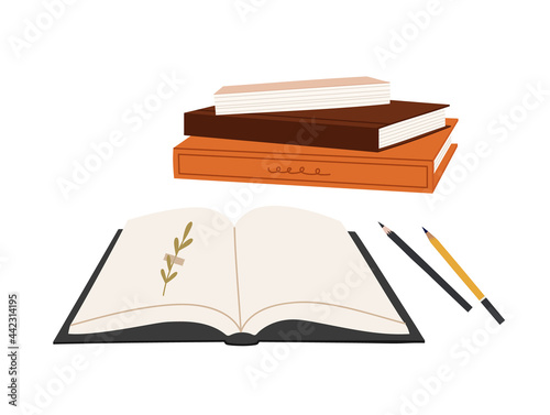 Vector illustration of the stack of books, open book, and pencils, isolated on white. Hand-drawn set. Objects for learning, reading, school tools. Suitable for book shops, and publishing houses.