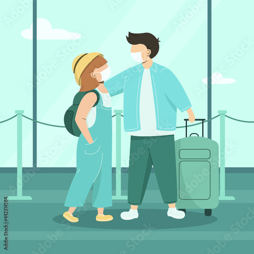 Young couple of tourists wearing protective face masks and carrying suitcase and backpack. Traveling during the coronavirus pandemic. Vector flat illustration of new normal travel and vacation. 