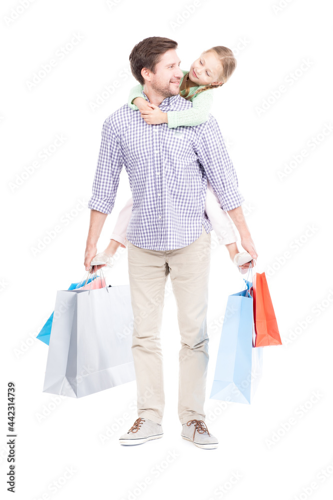 Studio portrait shot of happy young adult man spending time with his cute daughter doing shopping, white background Studio portrait shot of happy young adult man spending time with his cute daughter doing shopping, white background