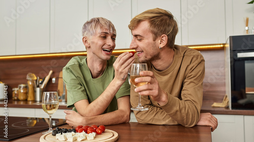 Homosexual male couple eating snacks and drinking wine