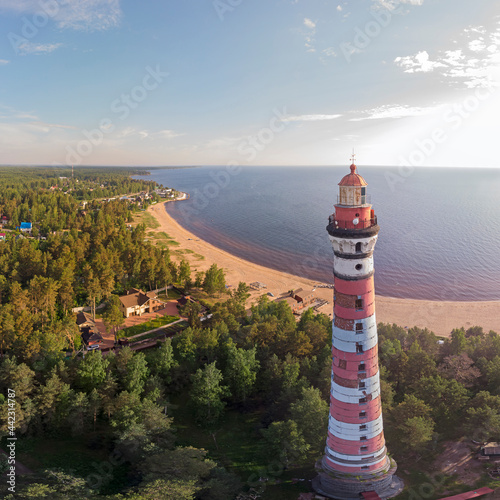 Panorama with a view of the Gulf of Finland and the lighthouse from a height.